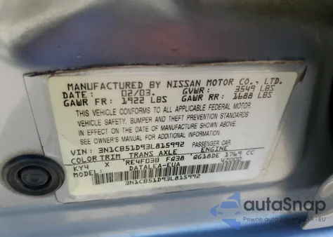 2003 Nissan Sentra Xe z USA, uszkodzony, nr VIN 3N1CB51D93L815992